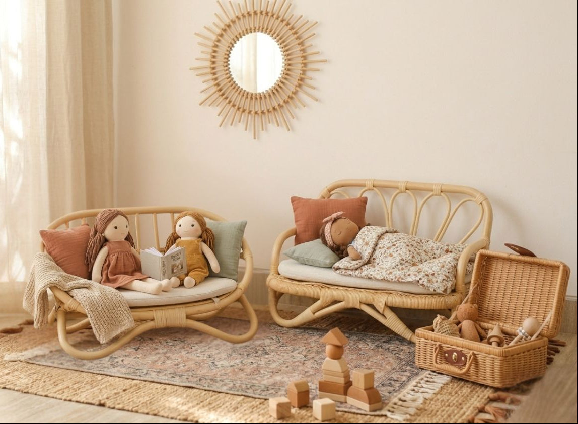 The Heirloom Doll Couch | Boho Montessori Doll Furniture | Eco-Friendly Pretend Play Sofa for Dolls