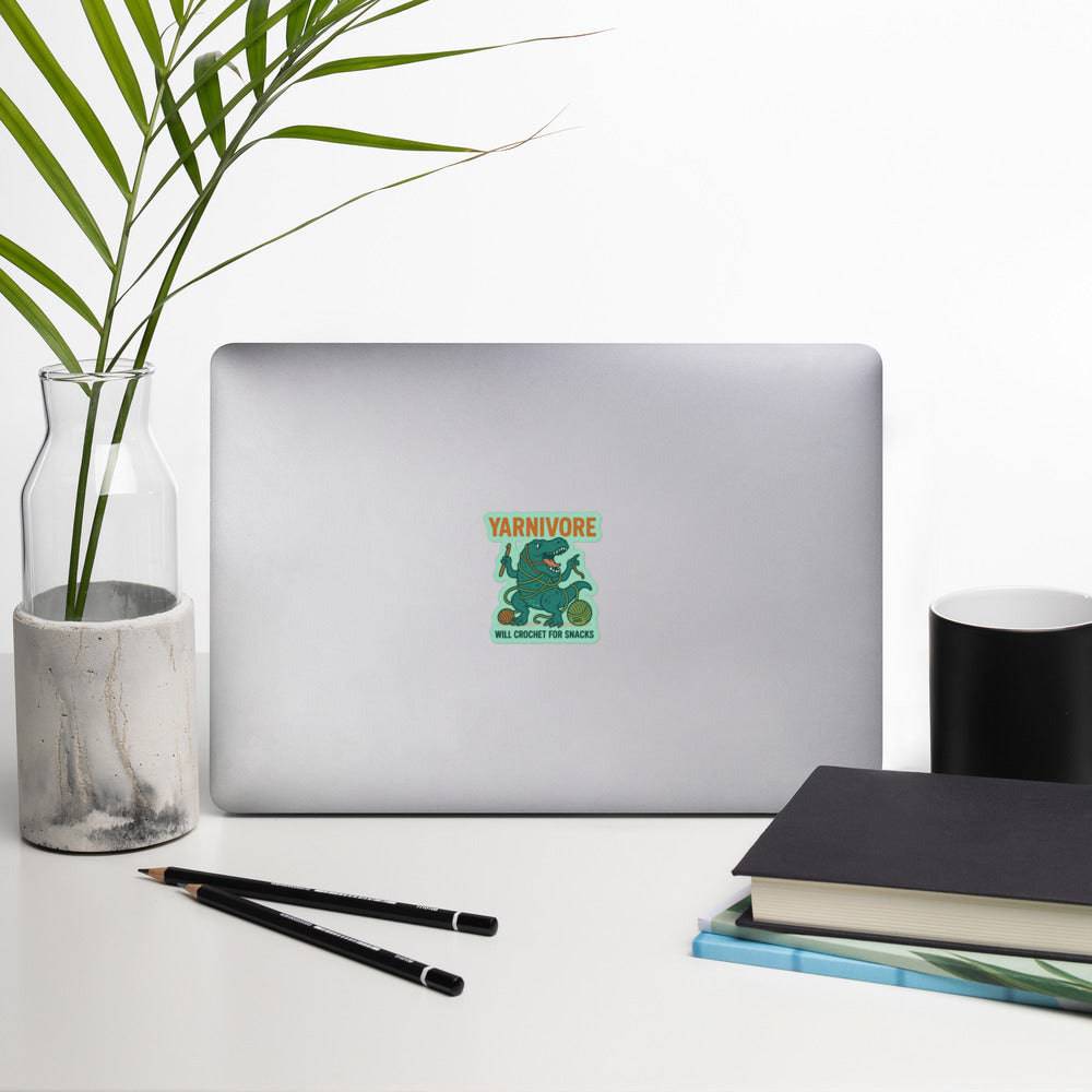 🦖 Yarnivore Sticker – Will Crochet for Snacks Bubble-free stickers
