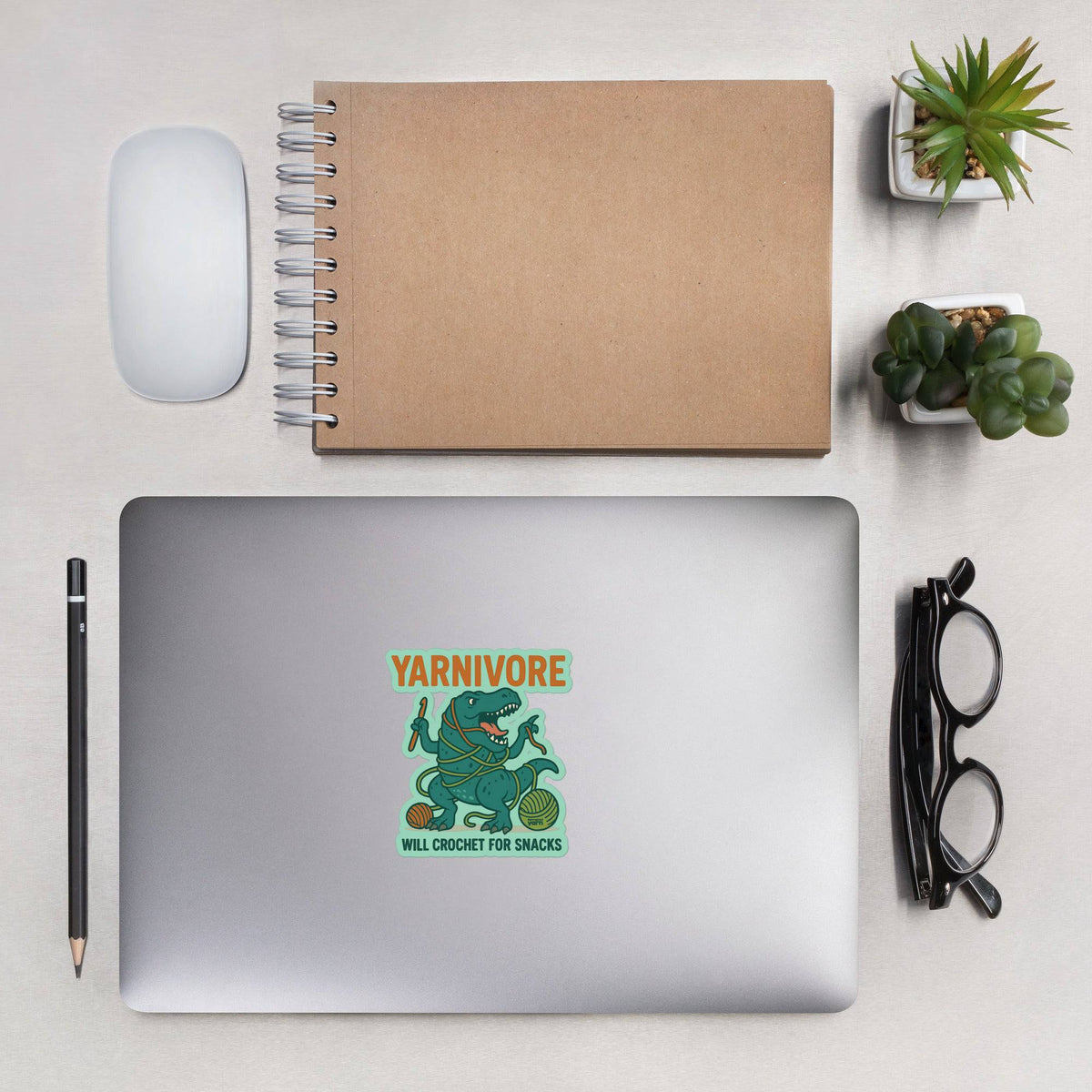 🦖 Yarnivore Sticker – Will Crochet for Snacks Bubble-free stickers