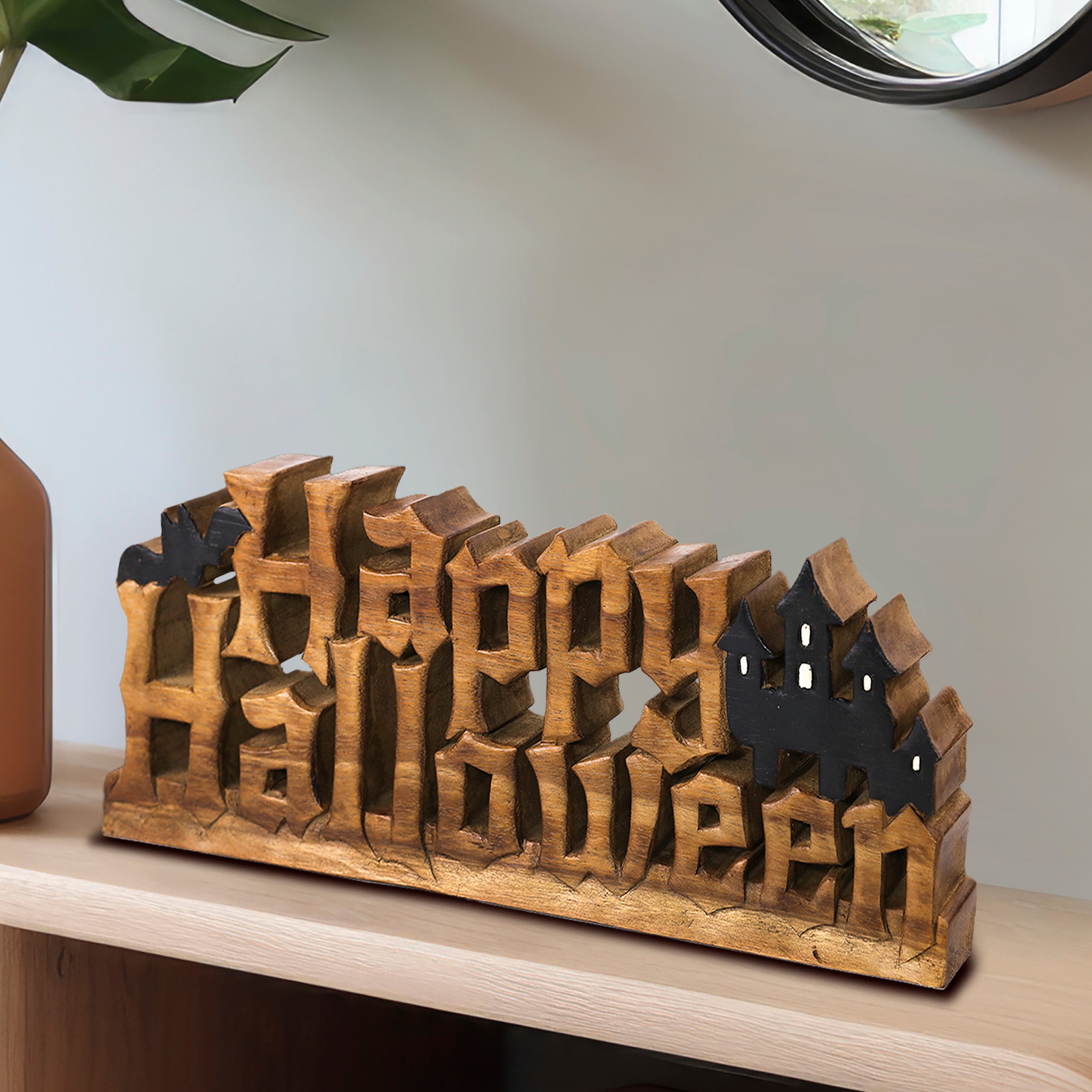 Midnight Haunt – Hand-Carved Wooden Sculpture, Handmade Halloween Home Décor