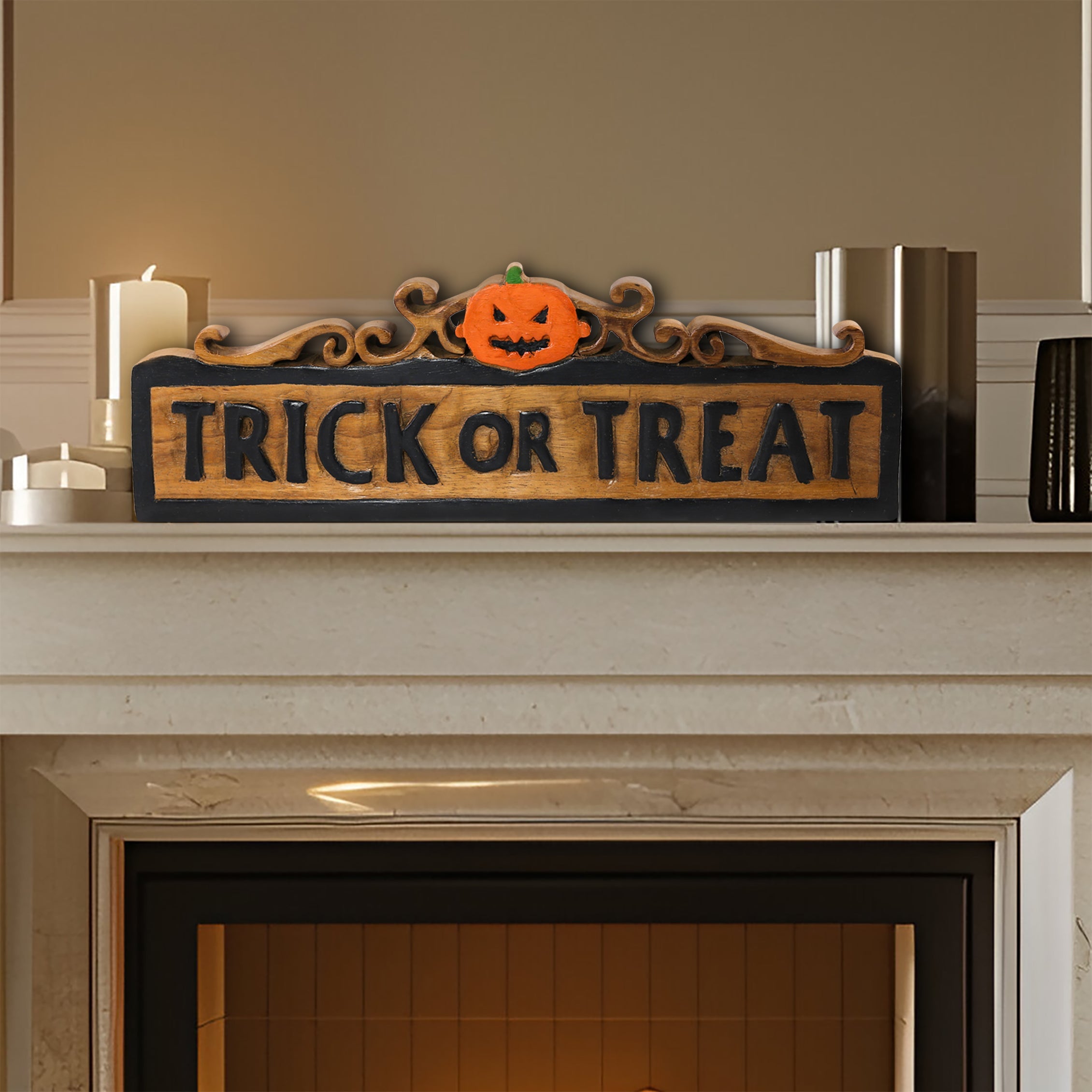 Trick or Treat Wooden Sculpture – Handmade Halloween Decor Decozen Luxe