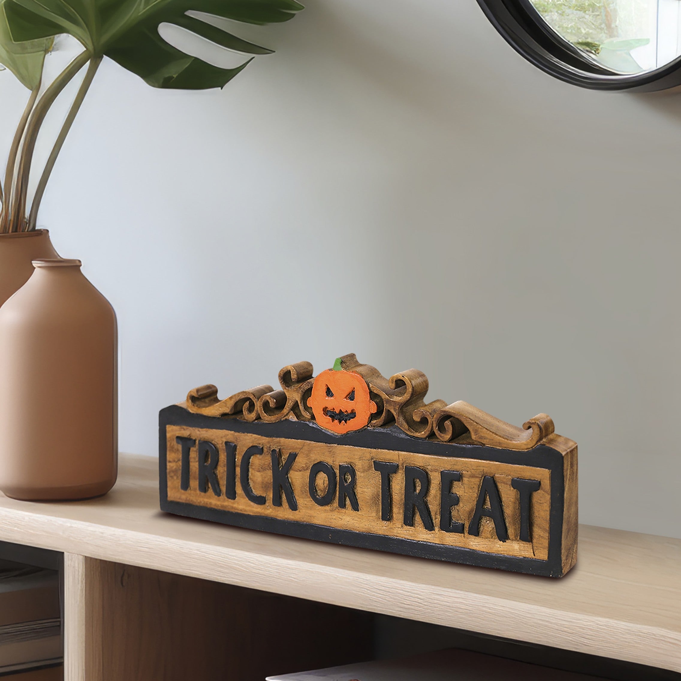 Trick or Treat Wooden Sculpture – Handmade Halloween Decor Decozen Luxe