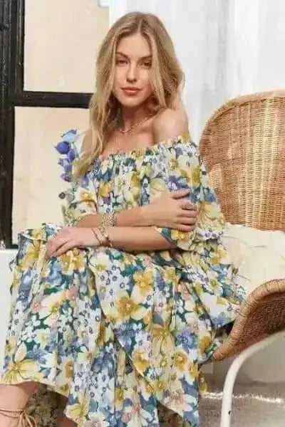 Layered Floral Off-Shoulder Short Sleeve Maxi Dress Eco My Home Dress Salty Season LLC ecomyhome.store United States