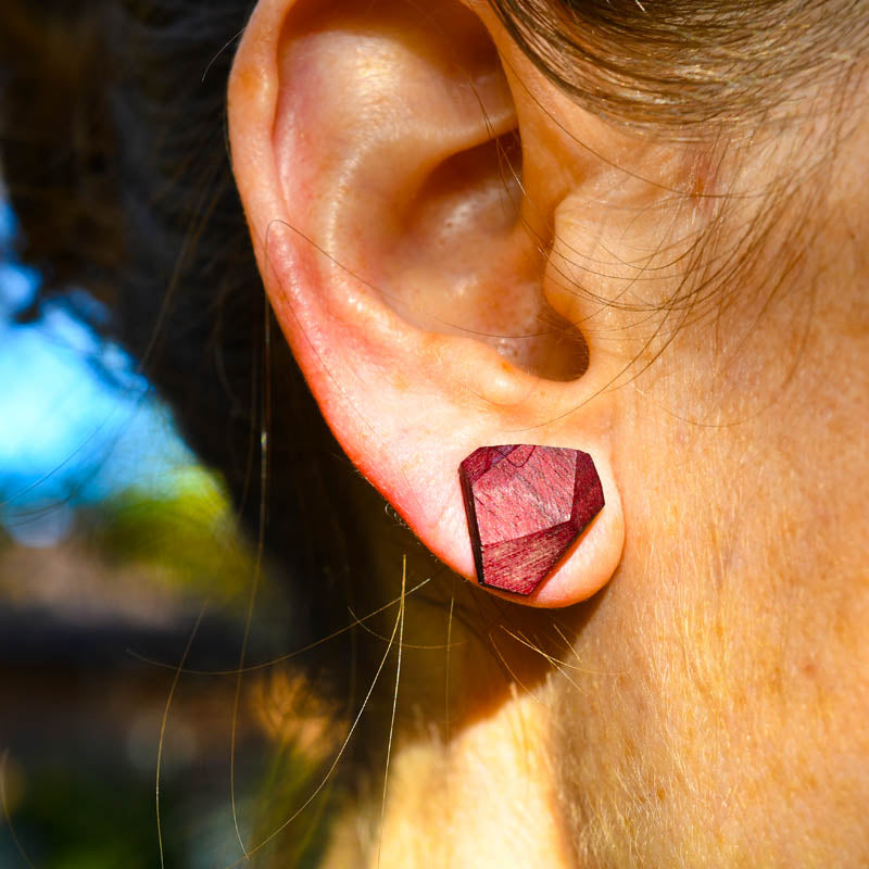 Geometric Wood Stud Earrings , Sterling Posts, ½″ faceted