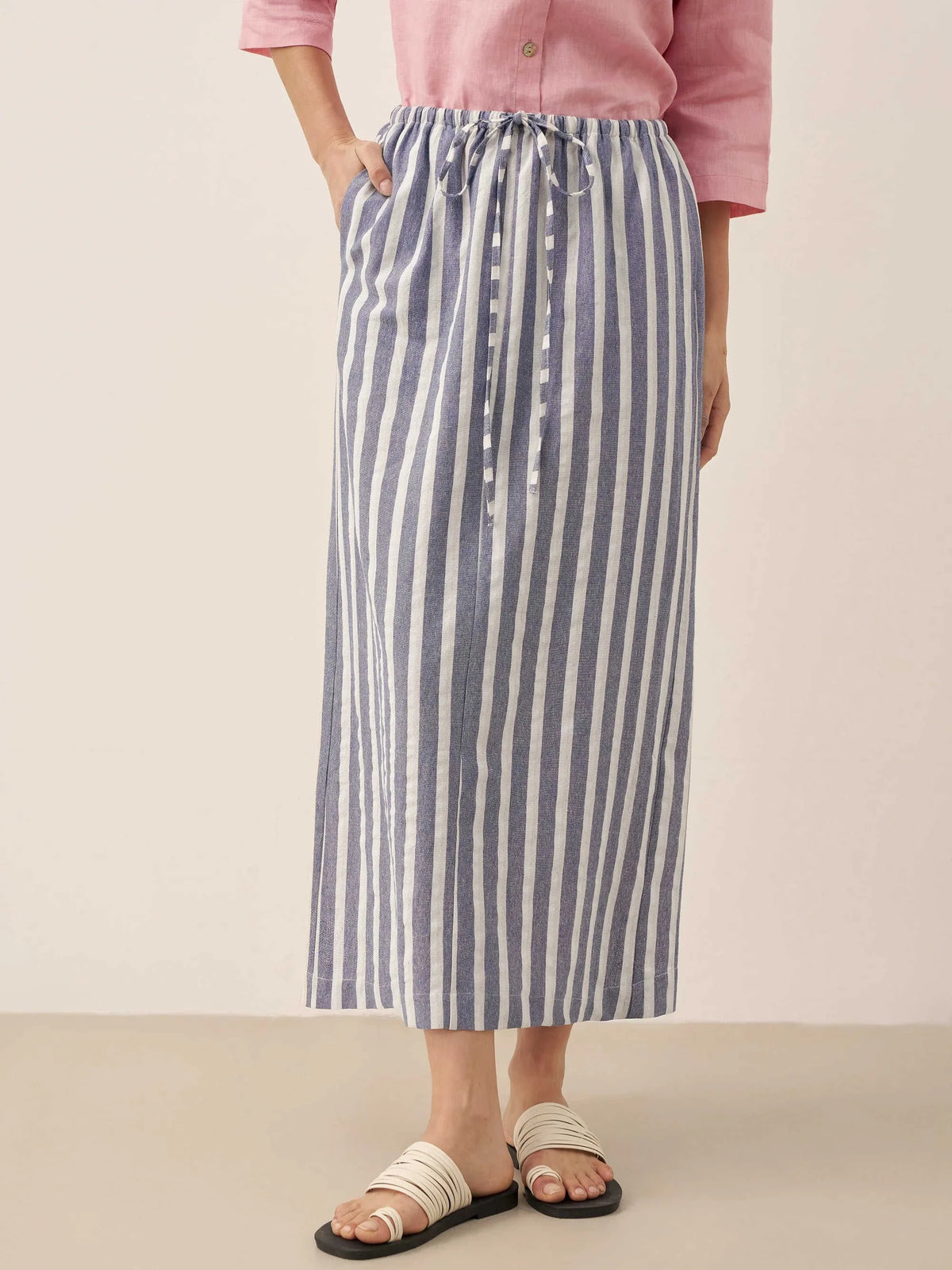 Linen Striped Drawstring Skirt ELISE Eco My Home Bottoms > Skirts > Linen Blend > Summer Casual / Lightweight LINTICO ecomyhome.store United States