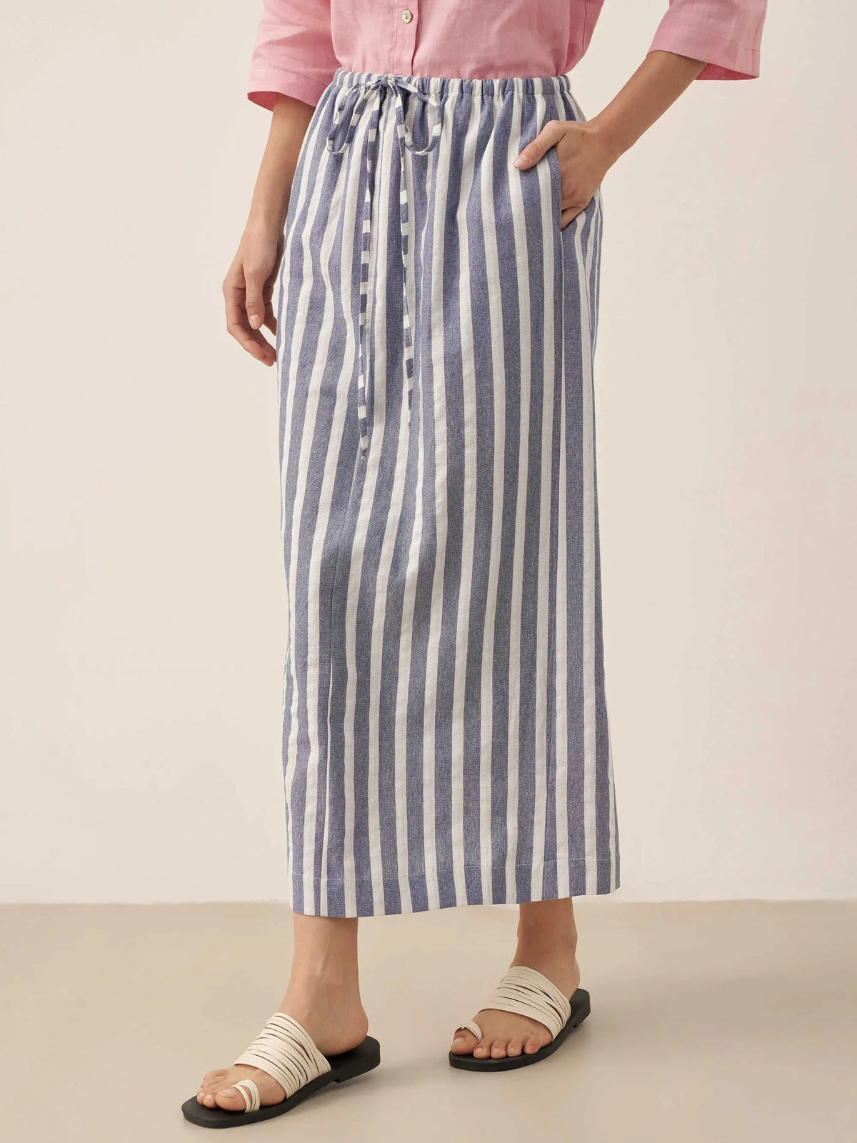 Linen Striped Drawstring Skirt ELISE Eco My Home Bottoms > Skirts > Linen Blend > Summer Casual / Lightweight LINTICO ecomyhome.store United States