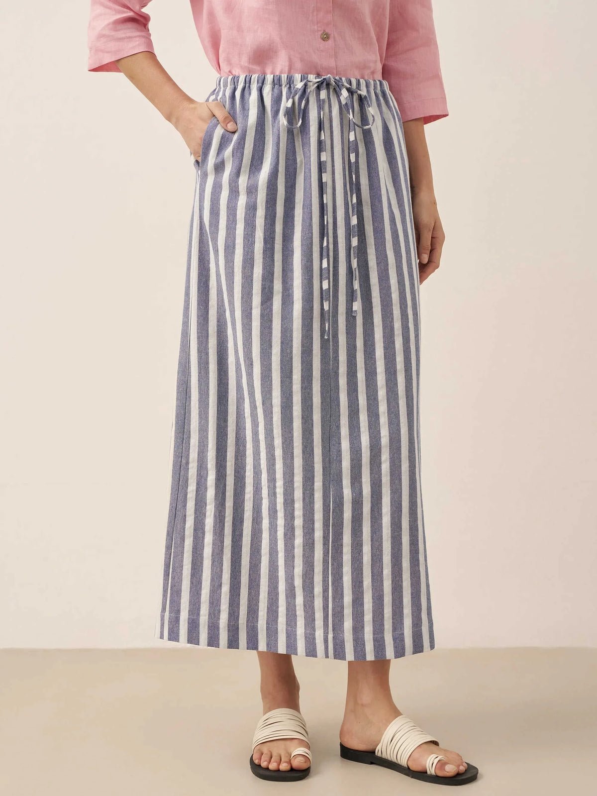 Linen Striped Drawstring Skirt ELISE Eco My Home Bottoms > Skirts > Linen Blend > Summer Casual / Lightweight LINTICO ecomyhome.store United States