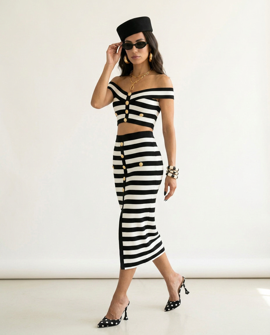 Confident Striped Button Two-Piece Set