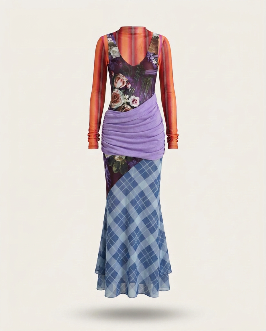 Resilient Plaid Patchwork Mesh Maxi Dress