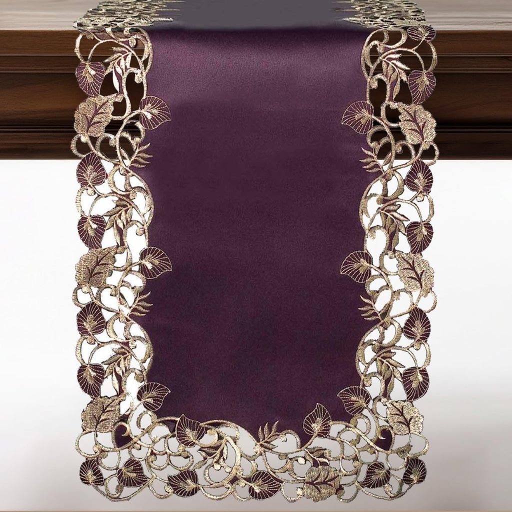 Plum Gold Table Runner – Rustic Embroidered Linen Decor for Dining Table 14x108 Inch