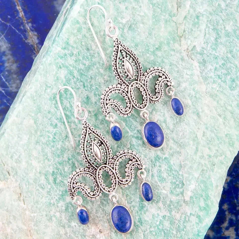 Mehendi Blue Lapis and Sterling Silver Chandelier Earrings Eco My Home Earrings Barse Jewelry ecomyhome.store United States