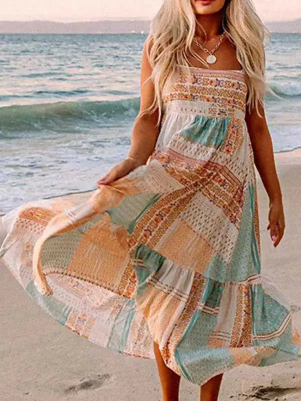 Mint Patchwork Square‑Neck Sundress – Lightweight Boho Summer Dress Eco My Home Dress Salty Season LLC ecomyhome.store United States