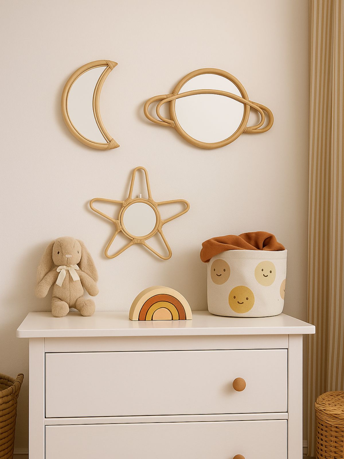 Rattan Star Wall Mirror – Boho & Space Kids Room Decor - Celestial Theme - Universe theme kids room