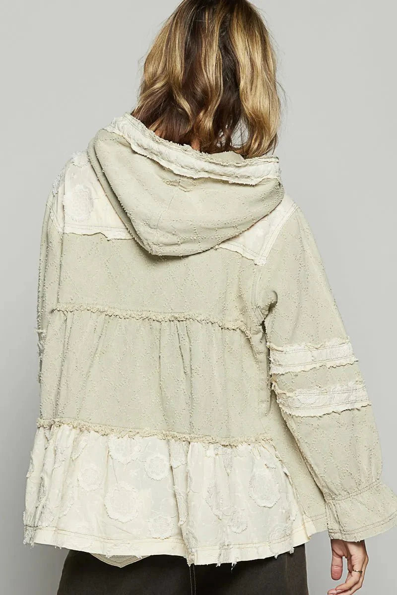 POL Raw Hem Color Block Hooded Jacket