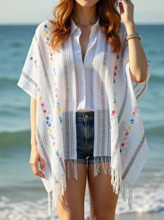 Openwork Fringe Knit Cape with Open Front Design Eco My Home cape Salty Season LLC ecomyhome.store United States