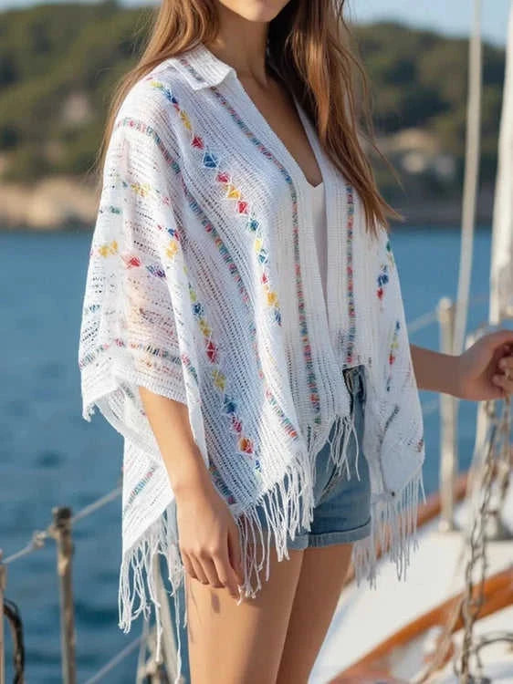 Openwork Fringe Knit Cape with Open Front Design Eco My Home cape Salty Season LLC ecomyhome.store United States