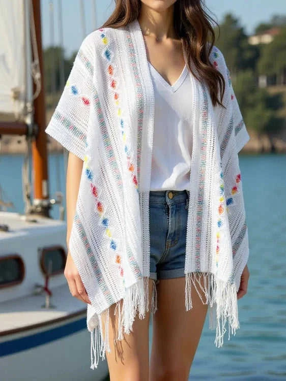 Openwork Fringe Knit Cape with Open Front Design Eco My Home cape Salty Season LLC ecomyhome.store United States