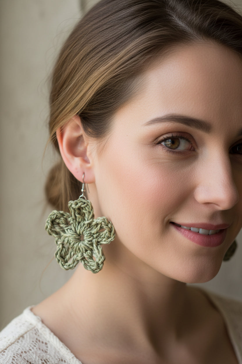 Women’s Handmade Raffia Flower Earrings – Crochet Boho Dangle Design