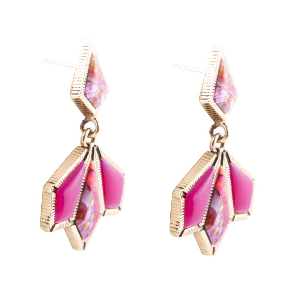Pink Agate and Shell Matrix Golden Statement Earrings