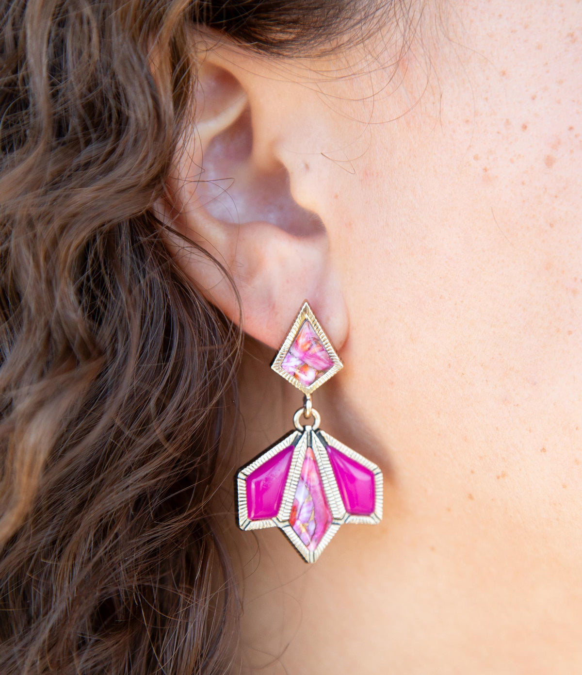 Pink Agate and Shell Matrix Golden Statement Earrings