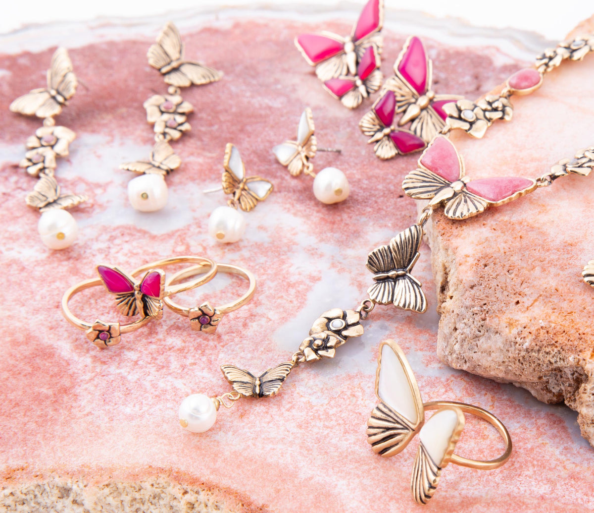 Pink Agate Golden Butterflies Post Earrings