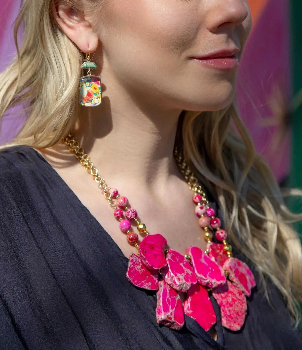 Pink Magenta Dreams Jasper and Goldtone Statement Necklace Eco My Home Necklaces Barse Jewelry ecomyhome.store United States