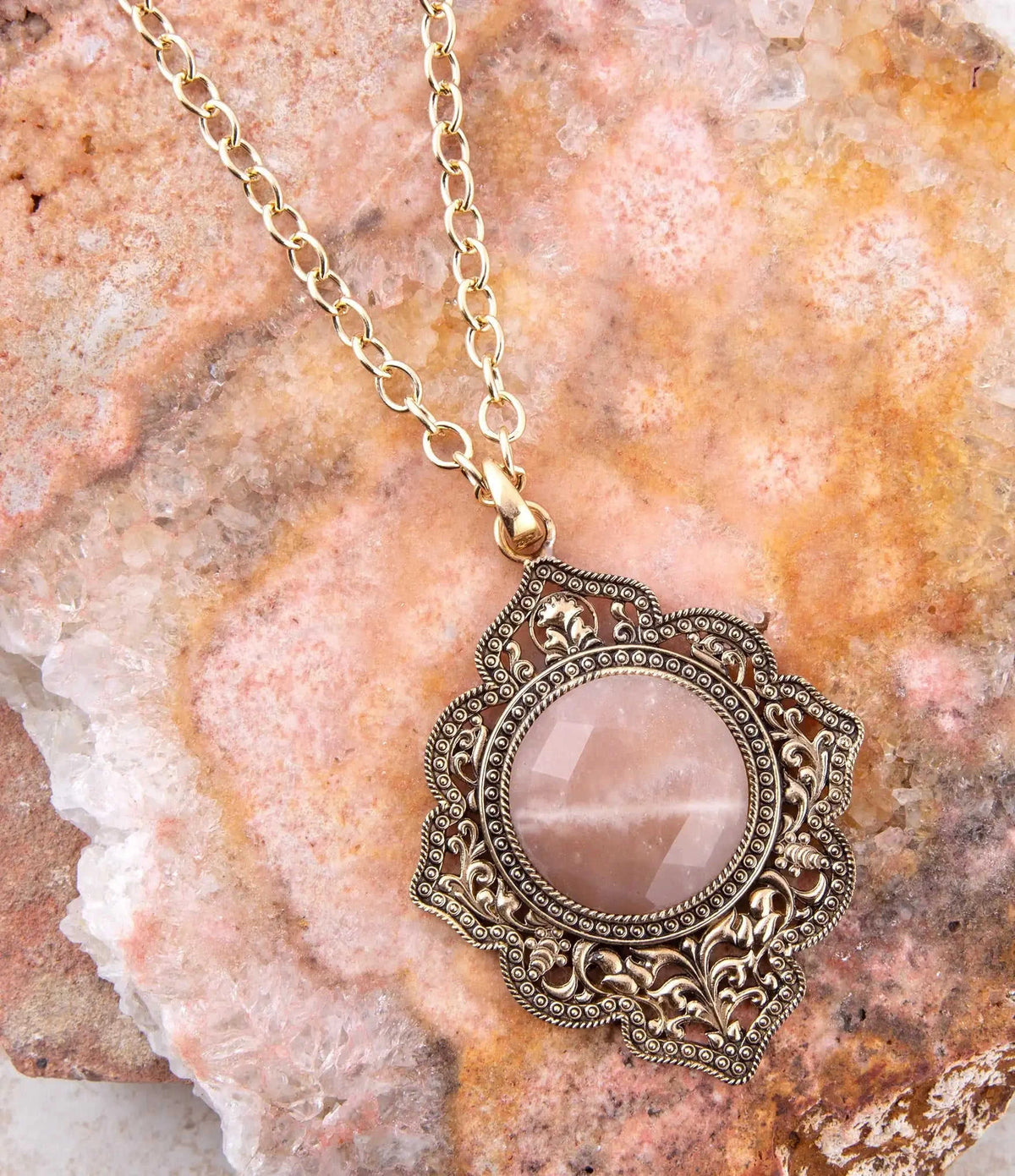 Pink Moonstone Golden Pendant Necklace Eco My Home Necklaces Barse Jewelry ecomyhome.store United States
