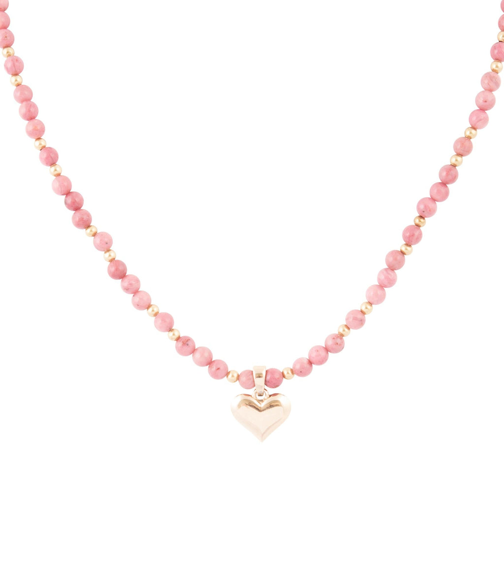 Pink Rhodonite and Golden Bronze Heart Pendant Necklace