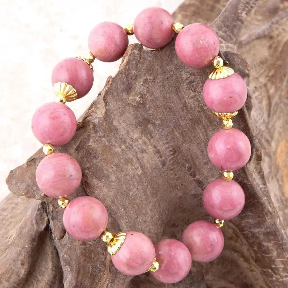Pink Rhodonite Chunky Golden Stretch Bracelet Eco My Home Bracelets Barse Jewelry ecomyhome.store United States