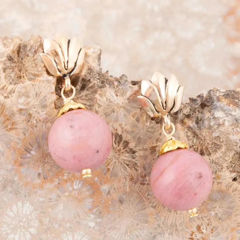 Pink Rhodonite Golden Lotus Drop Earrings Eco My Home Earrings Barse Jewelry ecomyhome.store United States