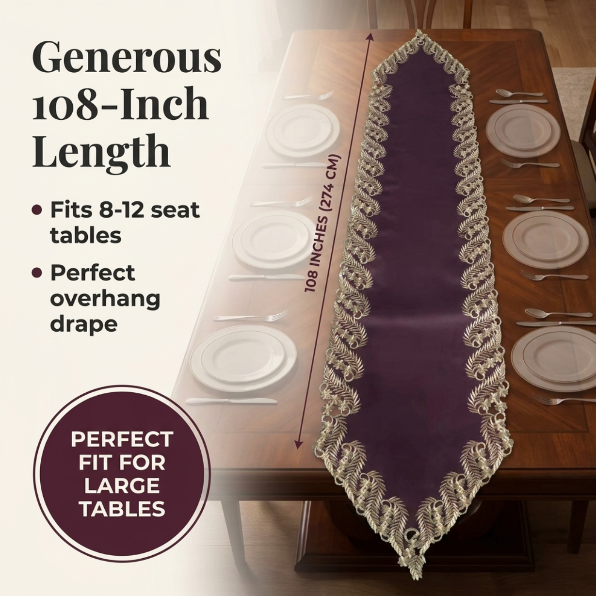 Plum Gold Table Runner – Anyce Collection Rustic Embroidered Linen Decor 14x108 Inch