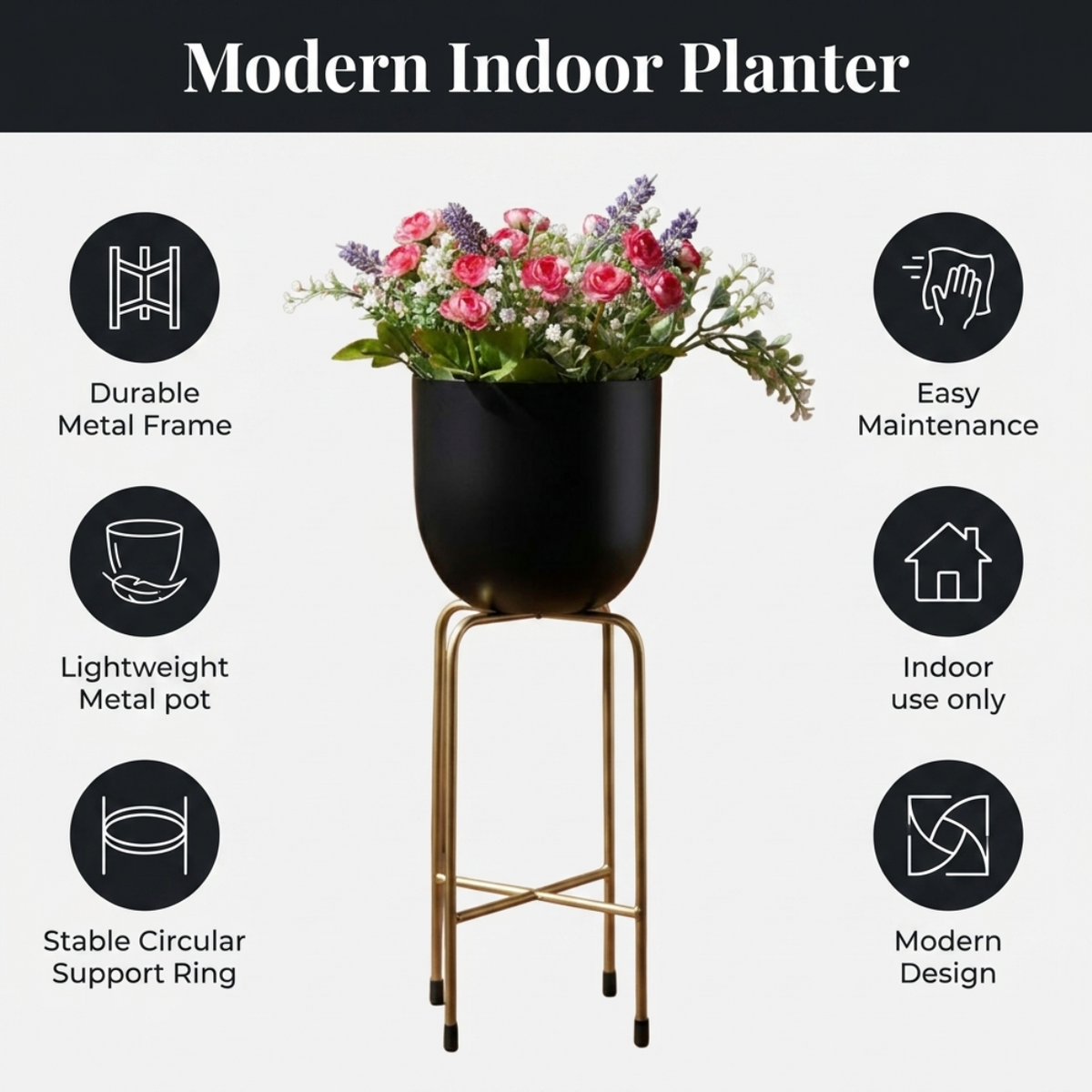 Planter With Metal Stand – Indoor Floor Standing Pot & Decorative Flower Holder