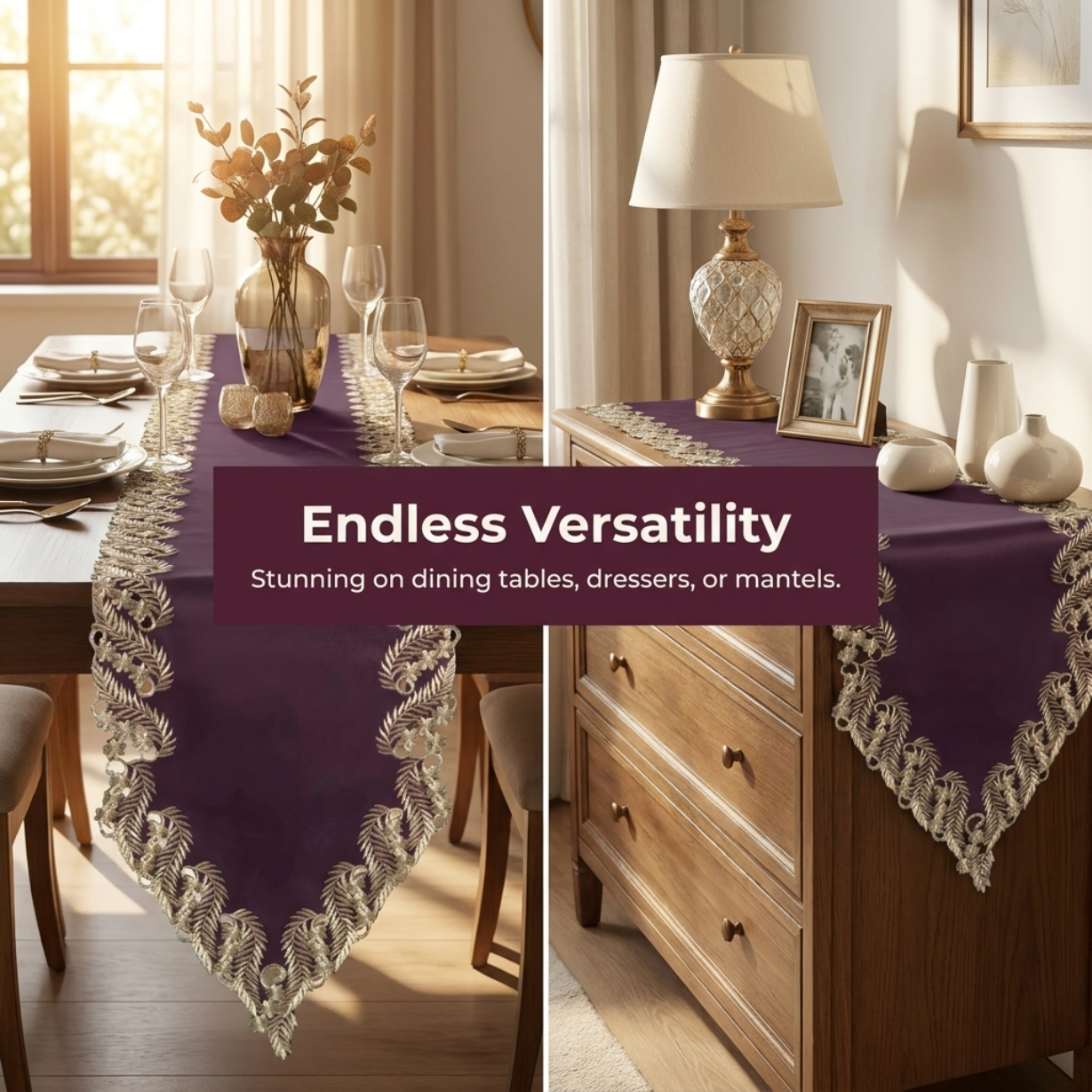 Plum Gold Table Runner – Anyce Collection Rustic Embroidered Linen Decor 14x108 Inch