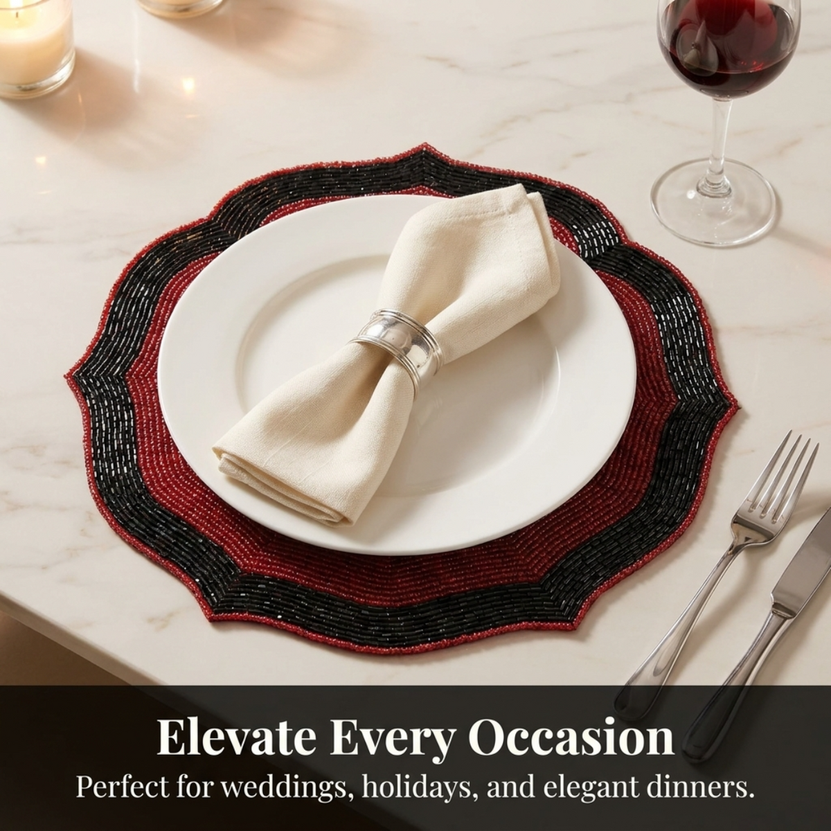 Beaded Placemats – Handmade Red Black Dining Table Mats, 14 Inch Heat Resistant