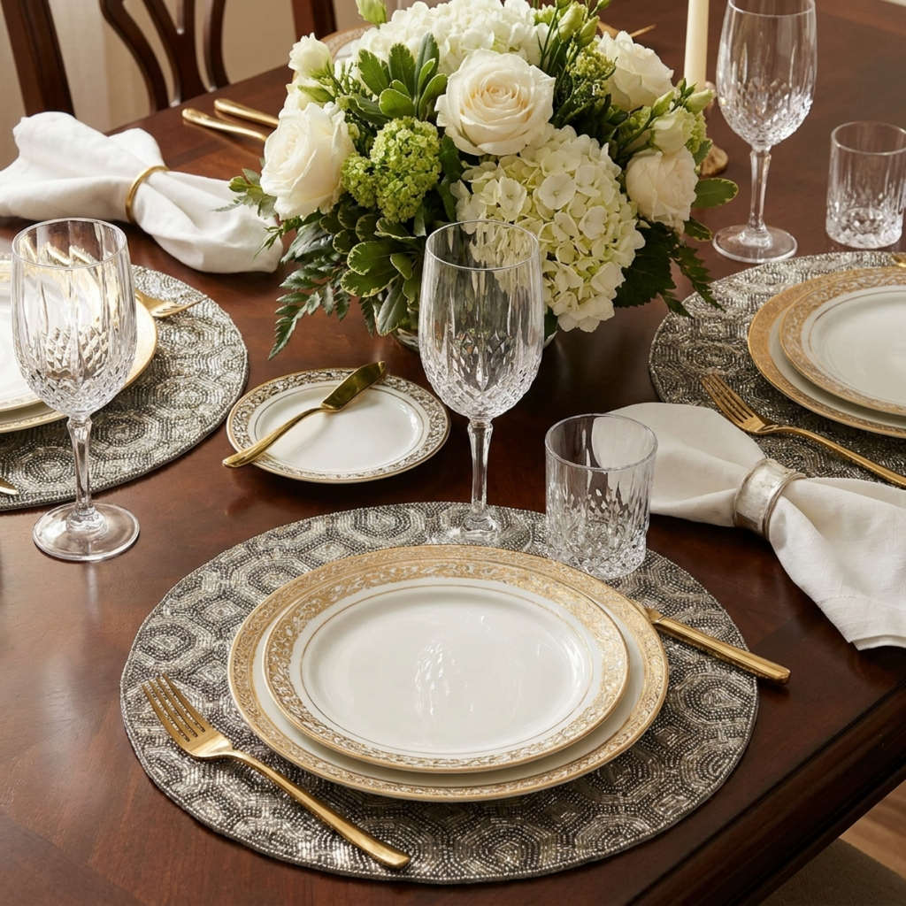 Beaded Placemats - Handmade Round Decorative Table Mats 14 Inch Satin Backed