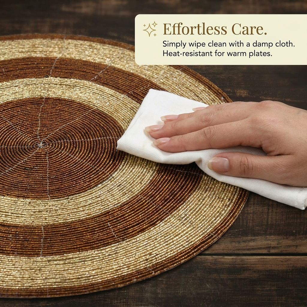 Beaded Placemats – Round Handmade Table Mats with Embroidered Glass Beads, 14 Inch