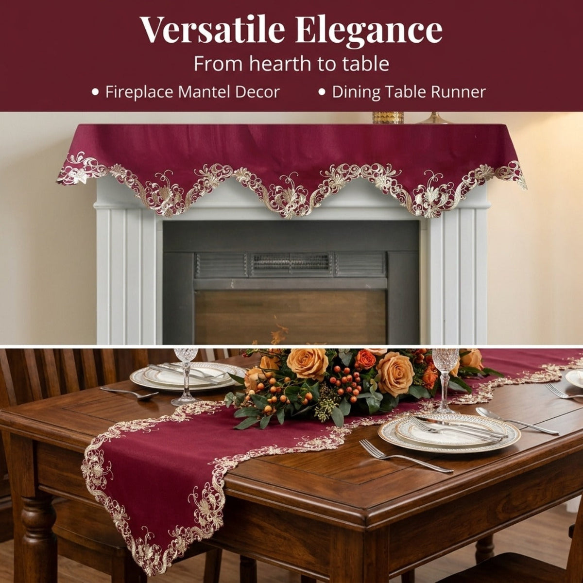 Burgundy Gold Mantel Scarf – Burgundy Charm, 18x90 Inch