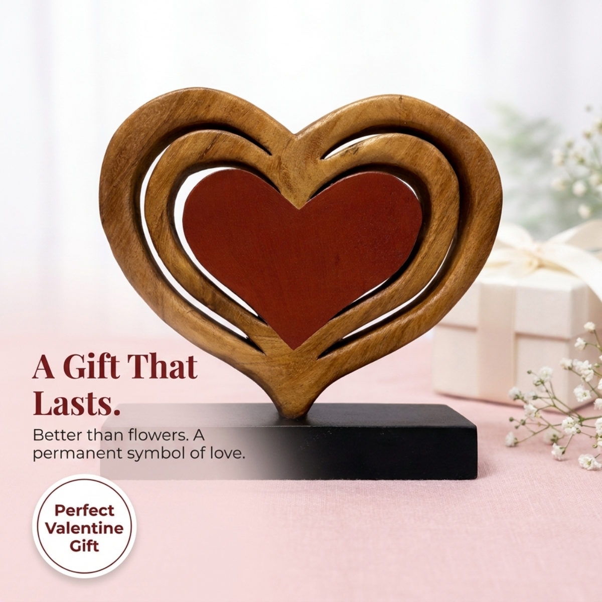 Wooden Heart Sculpture – Serene Hearts, Acacia Wood