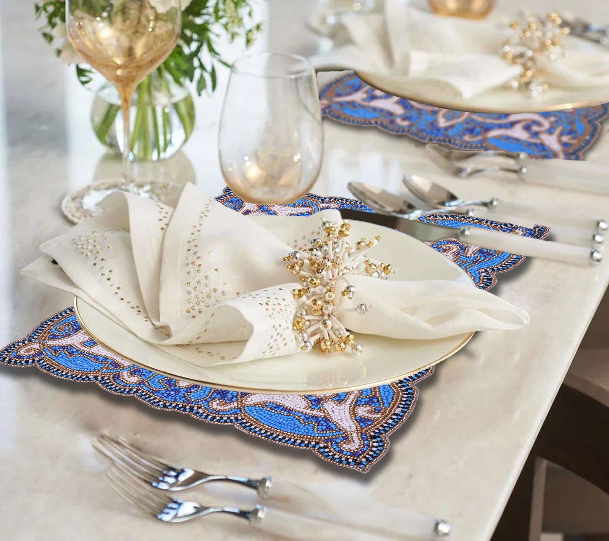 Azure Glow – Beaded Placemats in Blue White, Artistic Heat-Resistant Dining Table Décor 12*16 inch