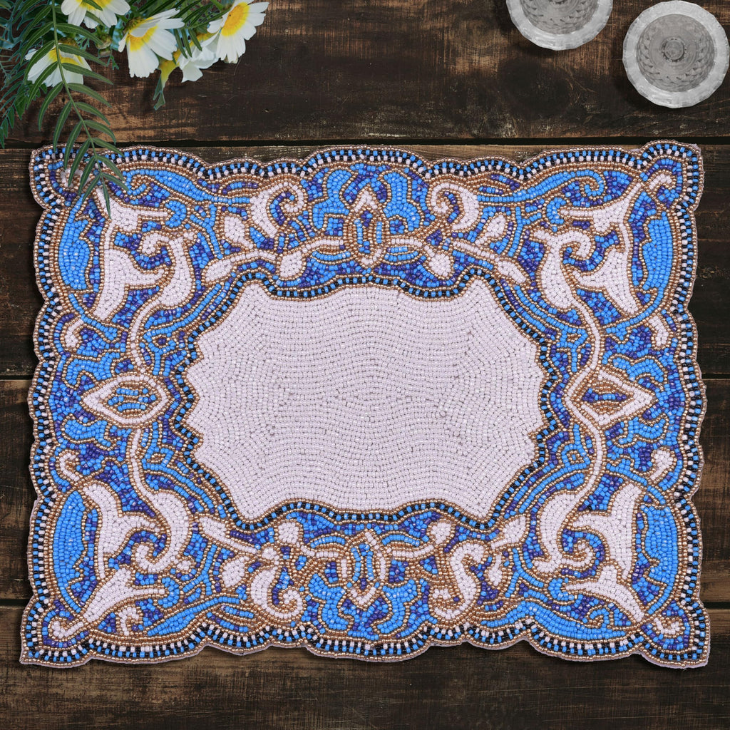 Azure Glow – Beaded Placemats in Blue White, Artistic Heat-Resistant Dining Table Décor 12*16 inch