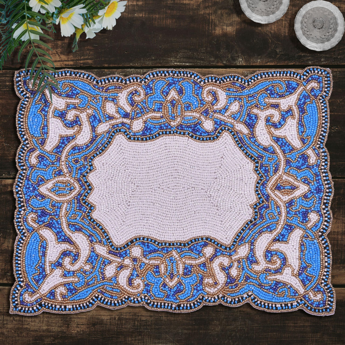 Beaded Placemats – Handmade Blue White Embroidered Dining Table Decor 12x16 Inch