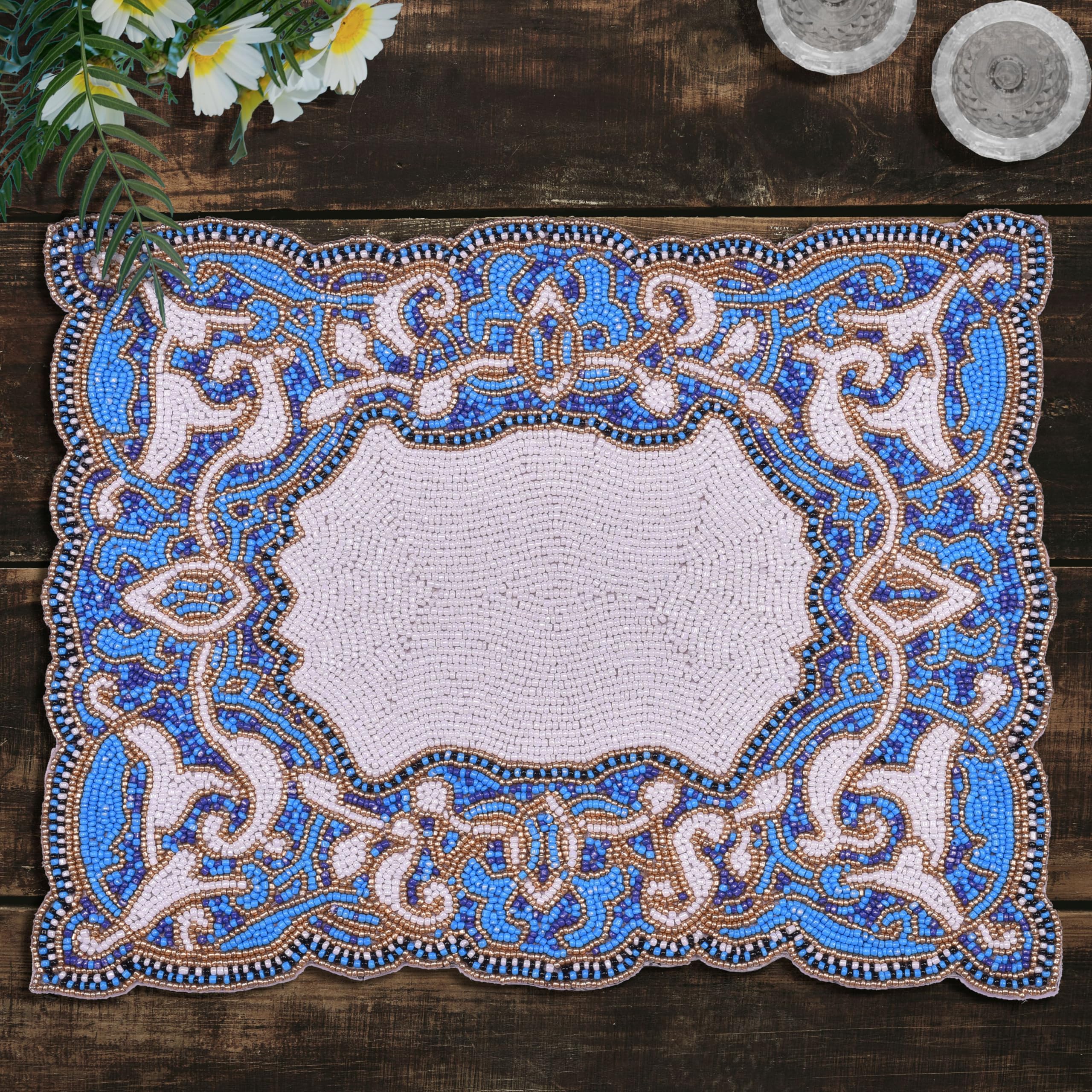 Azure Glow – Beaded Placemats in Blue White, Artistic Heat-Resistant Dining Table Décor 12*16 inch