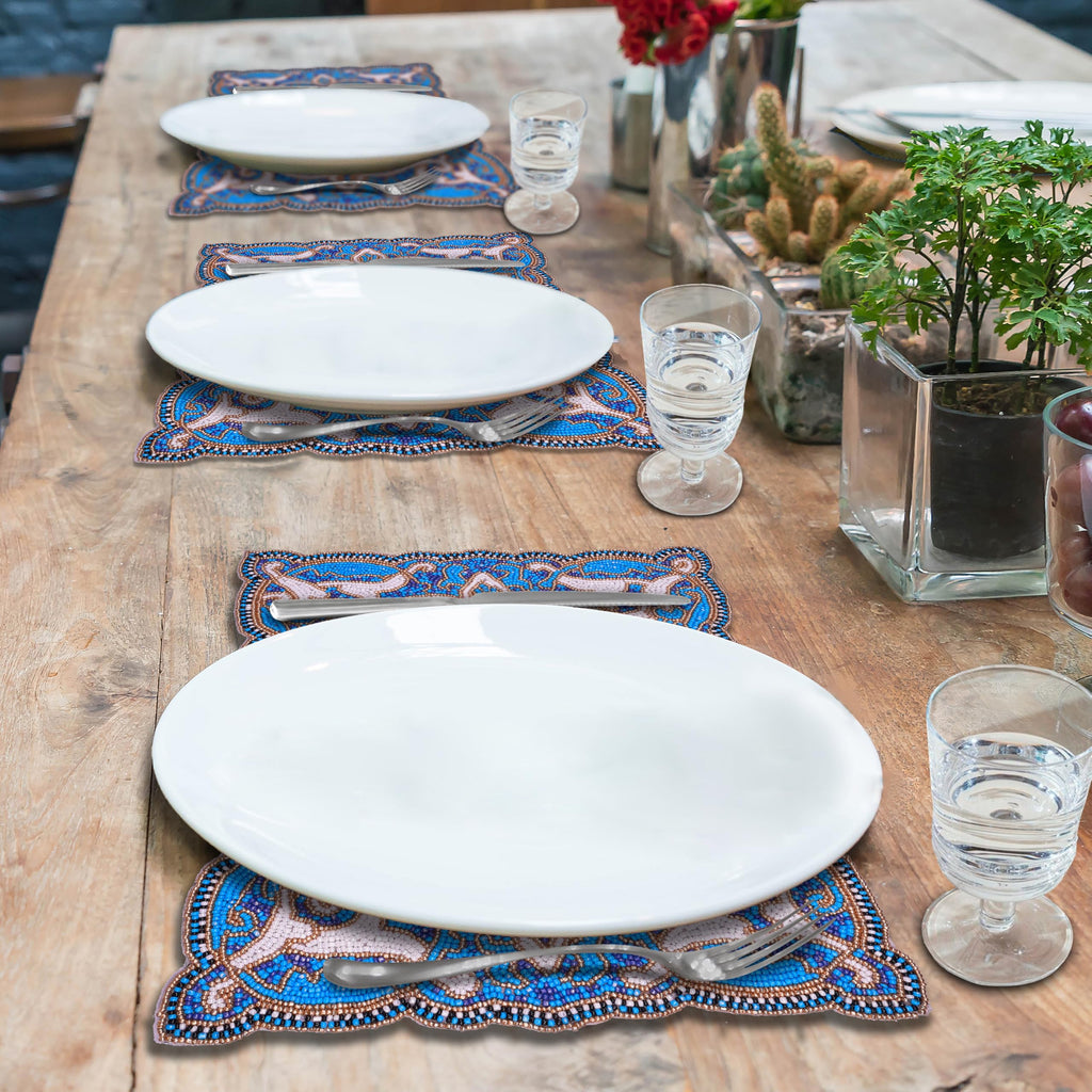 Azure Glow – Beaded Placemats in Blue White, Artistic Heat-Resistant Dining Table Décor 12*16 inch