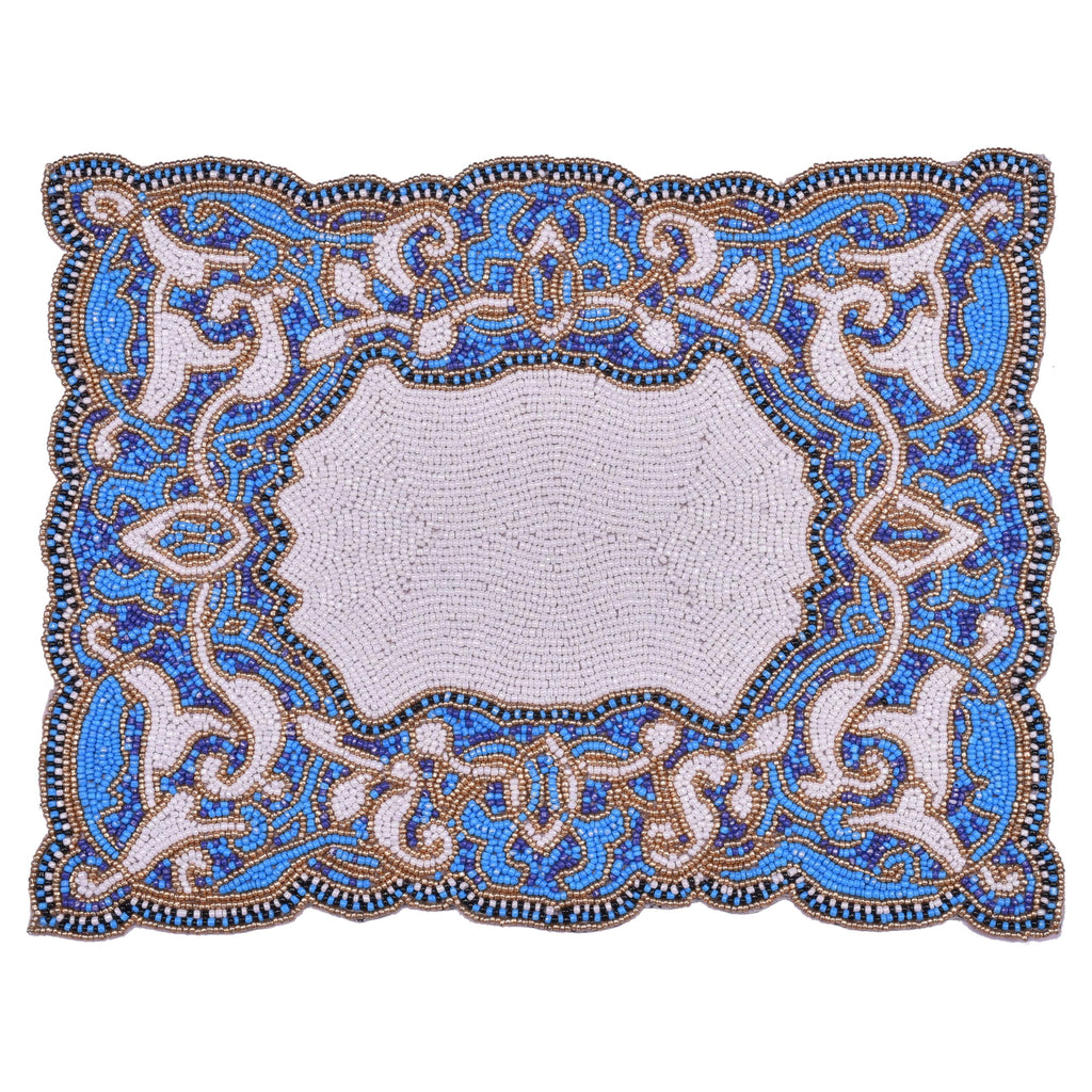 Azure Glow – Beaded Placemats in Blue White, Artistic Heat-Resistant Dining Table Décor 12*16 inch