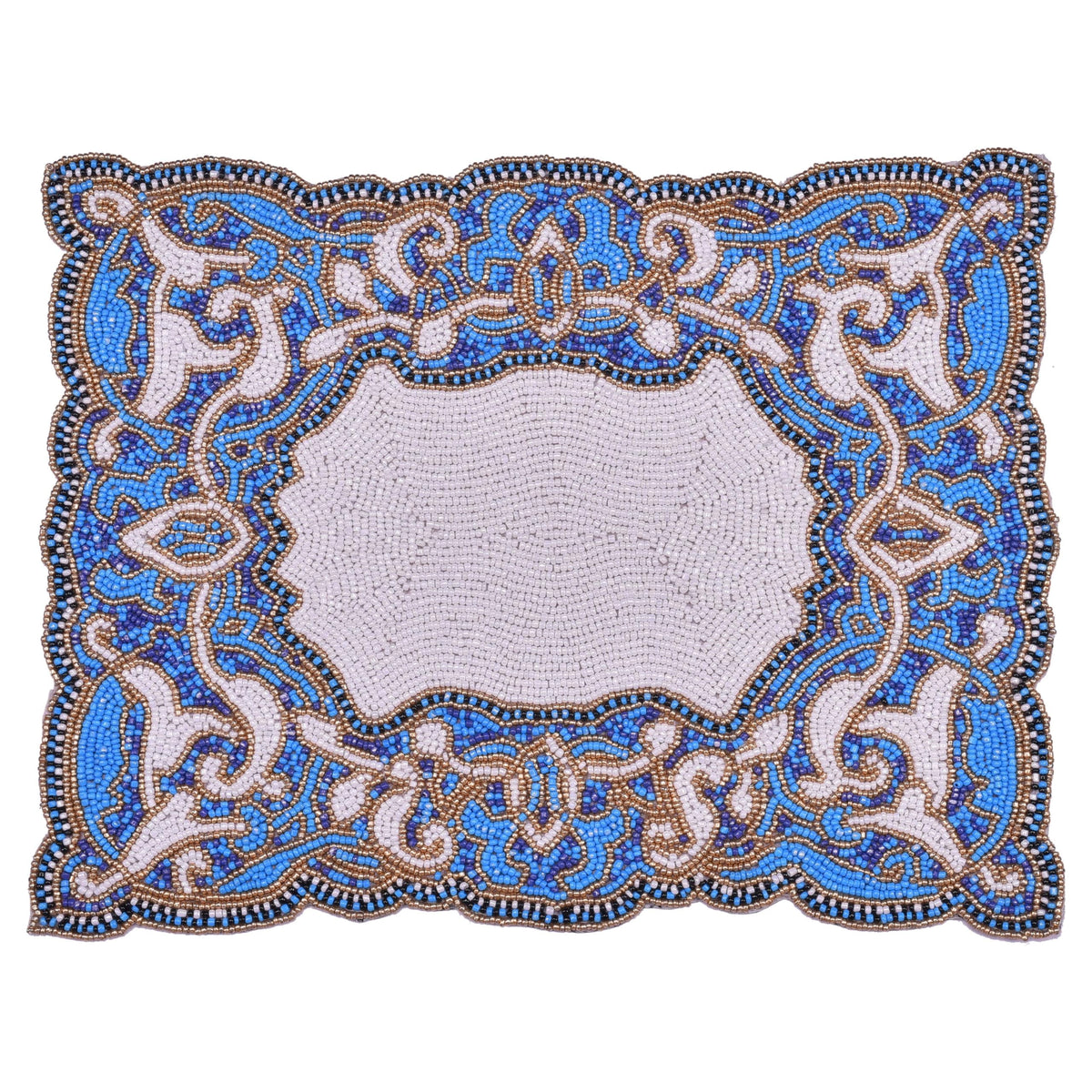 Beaded Placemats – Handmade Blue White Embroidered Dining Table Decor 12x16 Inch