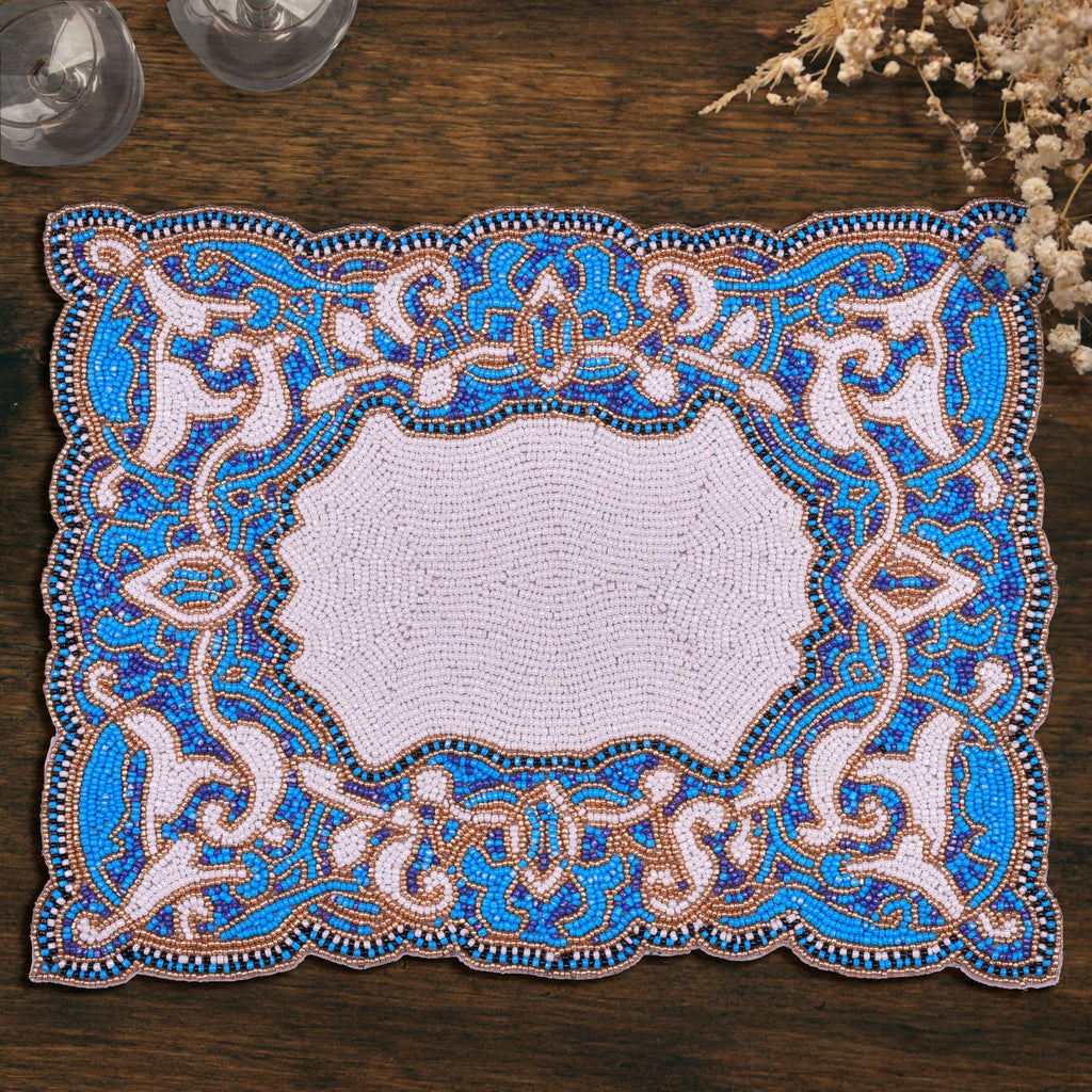 Azure Glow – Beaded Placemats in Blue White, Artistic Heat-Resistant Dining Table Décor 12*16 inch