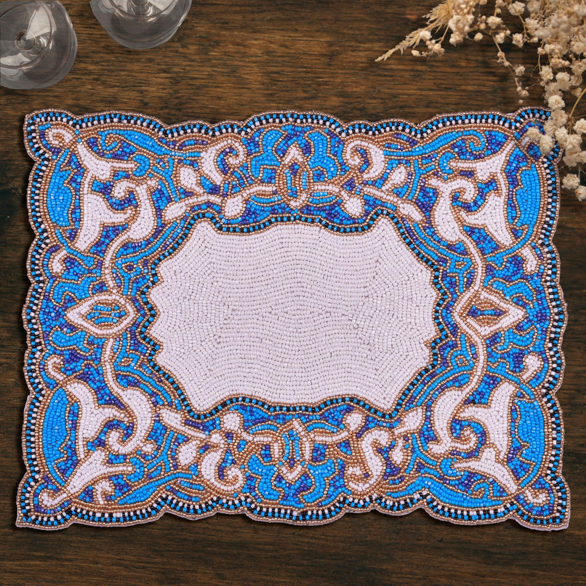 Beaded Placemats – Handmade Blue White Embroidered Dining Table Decor 12x16 Inch