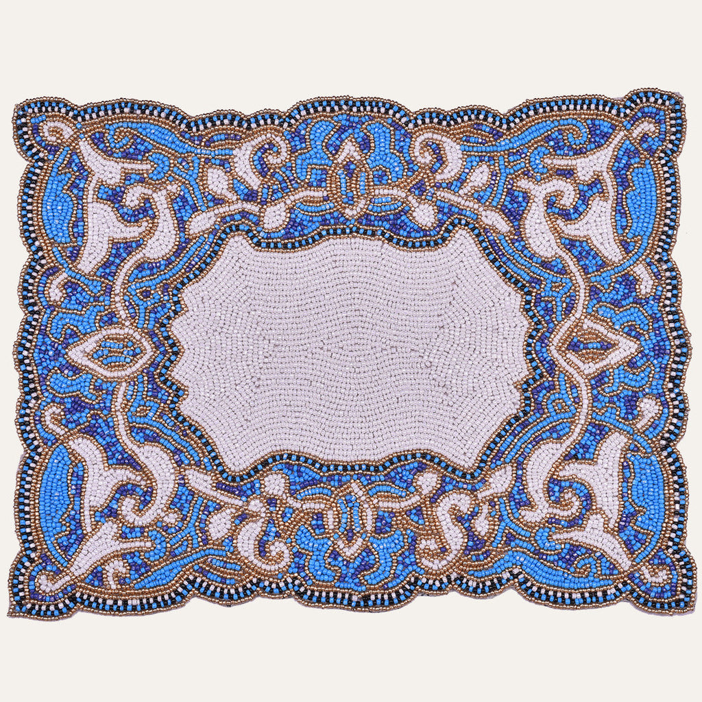 Azure Glow – Beaded Placemats in Blue White, Artistic Heat-Resistant Dining Table Décor 12*16 inch
