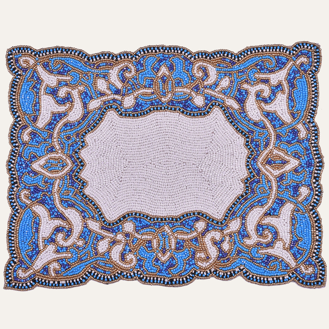 Azure Glow – Beaded Placemats in Blue White, Artistic Heat-Resistant Dining Table Décor 12*16 inch