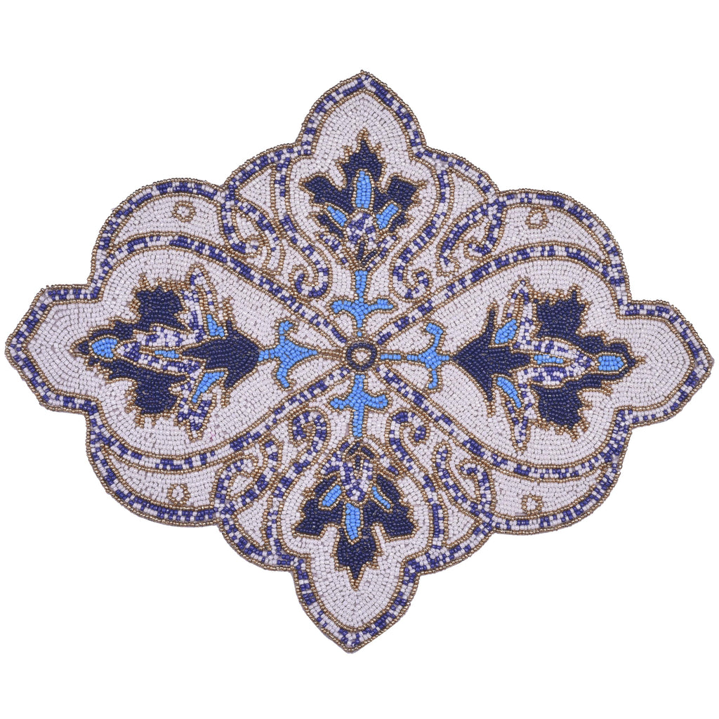 Marine Frost – Beaded Placemats in Blue White, Artistic Decorative Dining Table Accent 15x19 inch
